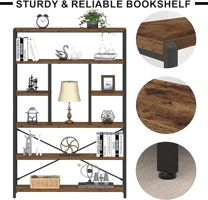 LVB Rustic Bookcases and Book Shelves, Metal Wood 6 Tier Bookshelf and Book Rack Storage, Industrial Vertical Display Etagere Book Case 6 Shelf, Vintage Large Book Shelf for Bedroom Living Room, Brown