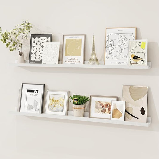 Picture Ledge Shelf, Solid Pine Wood Floating Shelves Set of 2, 40 Inches Nursery Book Shelves for Toys Storage, Kids Bookshelf Wall Mounted for Living Room Bedroom Decor Books Photo Frames, White