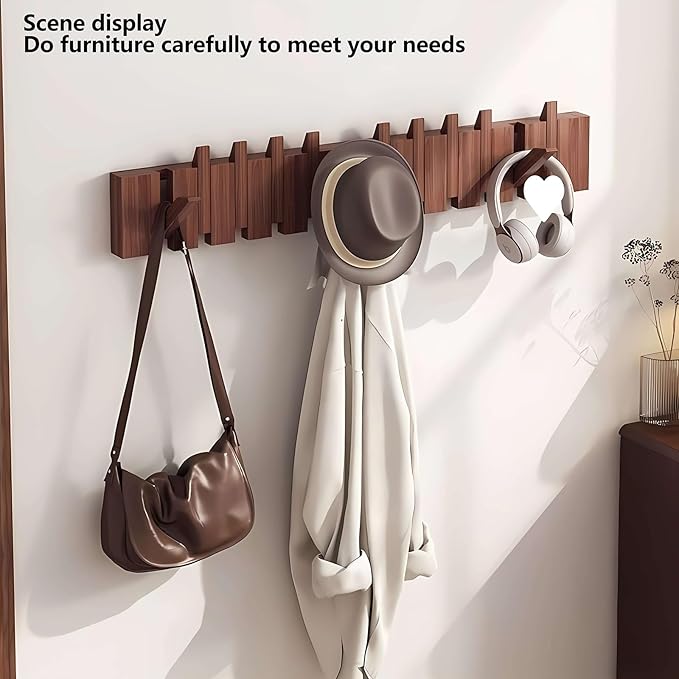 Wall Mounted Piano Key Hanger | Flip Style Hook | Entrance Wall Art Hook, Made of Oak Wood (3 Times Painted, 4 Times Polished) (Walnut, 4Hooks)