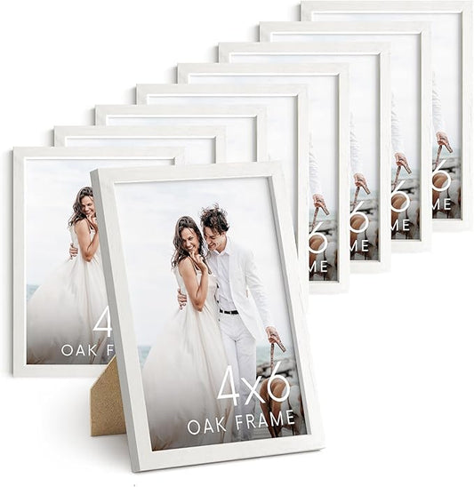 Haus and Hues 4x6 Picture Frame Wood - Set of 9 Natural Wood Frame 4x6, White Photo Frame 4x6 for Walls, 4x6 Wood Picture Frame, 4 by 6 Picture Frame, 4x6 Frames for Pictures (Standalone White Oak Frame)