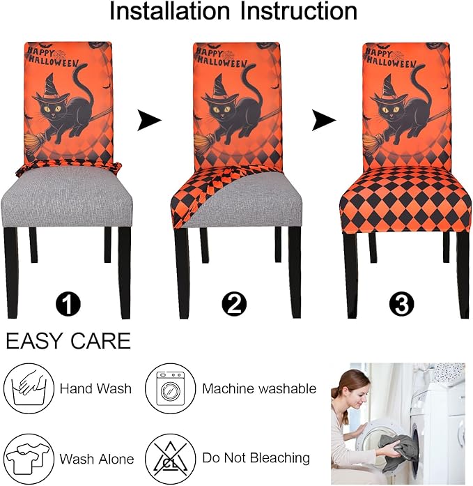 JQinHome Orange Halloween Chair Slipcover,Cat Chair Covers Set of 4, High Stretch Washable Chair Protector Cover for Dining Room, Kitchen,Home Party,Wedding Ceremony(Cat Orange,4PC)