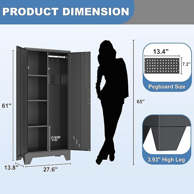 61" Broom Closet Storage Cabinet, Metal Storage Cabinet with Doors, Utility Cabinets for Brooms and Mops, Cleaning Tool Cabinets for Garage, Laundry Room, Bathroom