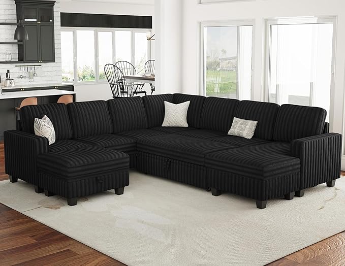 Belffin Oversized Sofa Bed Modular Sectional Sleeper Sofa with Pull Out Bed L Shaped Couch with Storage Chaise Black Couch