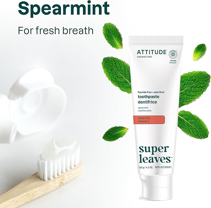 ATTITUDE Fluoride-Free Sensitive Toothpaste, Spearmint Flavor, Vegan & Cruelty-Free, Sugar-Free, Plant & Mineral-Based Ingredients, Clean Oral Care, 4.2 Oz