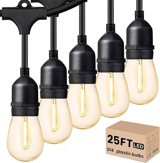 Svater Outdoor Led String Lights 25 FT, Patio Lights for Outside with 9pcs S14 Shatterproof Bulbs, 1 Watt E26 Dimmable, IP65 Waterproof, Commercial Grade Bistro Light 2700K Warm White