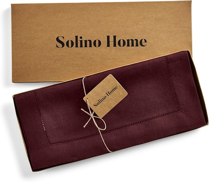 Solino Home Linen Burgundy Table Runner 90 Inches Long - 100% Pure Linen 14 x 90 Inch Table Runner for Fall, Autumn, Thanksgiving - Classic Hemstitch