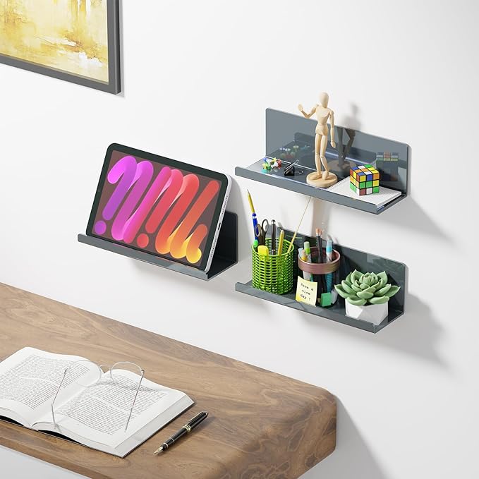 Adhesive Floating Shelves for Wall No Drilling, 12 Inch Acrylic Self Adhesive Shelves, Stick on Shelves, Dorm Wall Shelf, for Bathroom, Kitchen, Bedroom, Office, Gaming Room, Gray