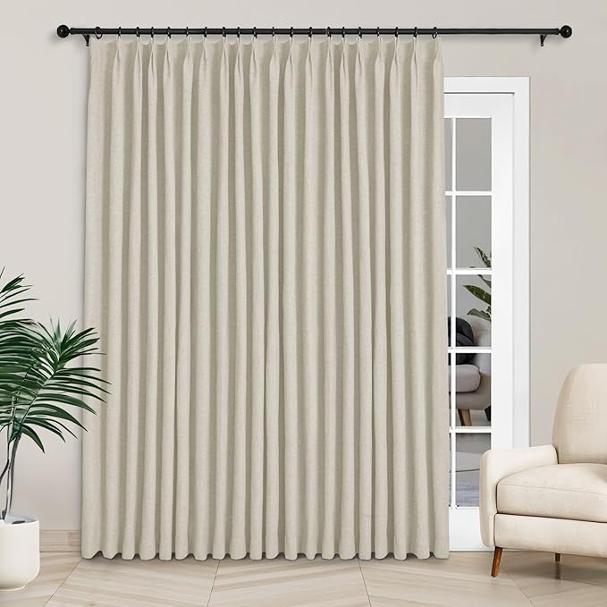 Macochico Extra Wide Full Blackout Linen Curtains for Sliding Door Ivory White Pinch Pleated Linen Curtains 96 Inches Long for Bedroom Living Room Farmhouse with Tieback 120”Wx96”L 1 Panel