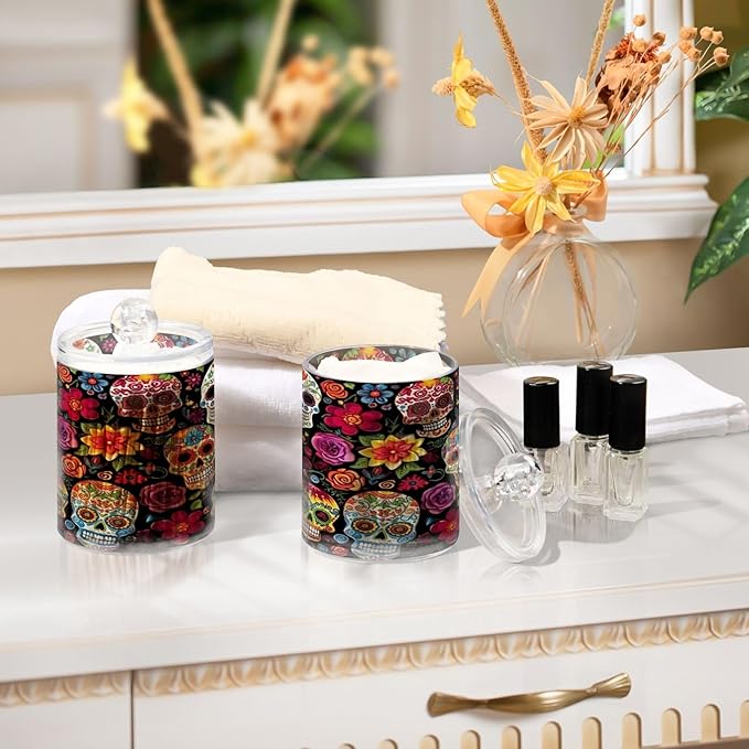 Colorful Skulls 2PC Airtight Transparent Plastic Storage Jar Food Storage Container Plastic for Food Herbs Tea etc with Storage Lid easy to use and clean With lid Easy To Use