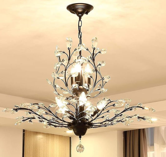 Ganeed Crystal Chandeliers,Vintage 8 Lights Pendant Light,K9 Clear Crystal Chandelier Lighting Fixtures,Ceiling Light for Living Room Bedroom Restaurant Porch Hallway (Black)
