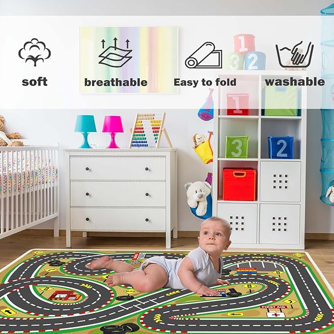 Kids Rug Play mat Playroom Rugs Car Rugs for Kids Toy Cars Race Track for Classroom Rug (Race-Brown, 5.2x7.9ft)