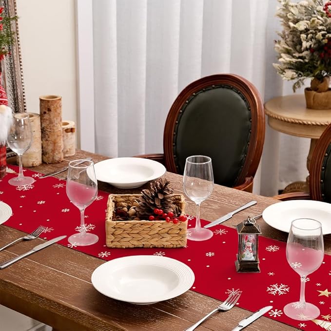 GEEORY Christmas Table Runner 13x120 Inch, Xmas Trees Snowflakes Holiday Decorative Farmhouse Table Decoration for Kitchen Dinning, Indoor Outdoor Dinner Party Decor (Red) GT150-120