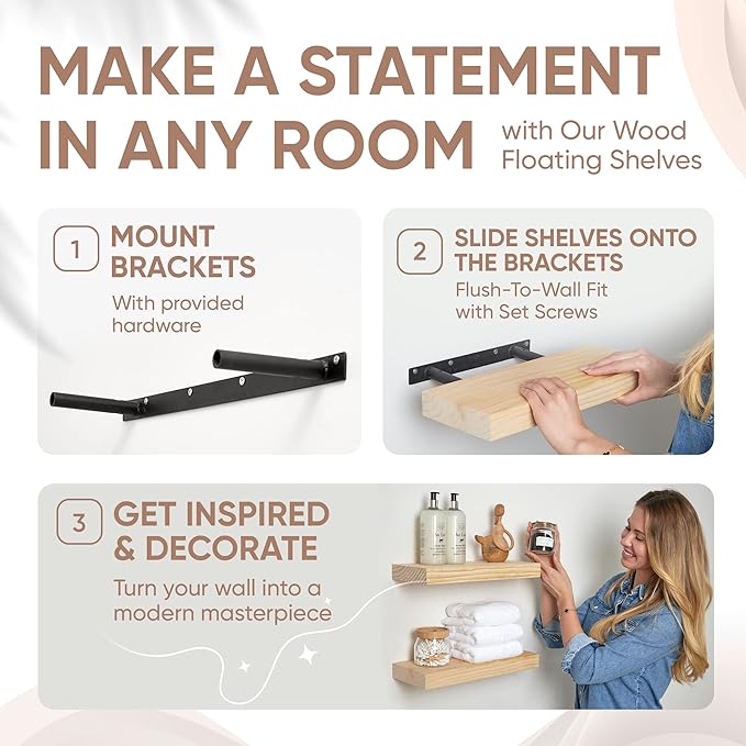 Homeforia 18 inch Wood Floating Shelves, High End Solid Natural Wood 18inch Floating Shelf for Wall Mounted, Unfinished Wooden 18in Floating Shelves, Heavy Duty Bracket, 18 X 6.5 X 1.75 inch, Set of 3