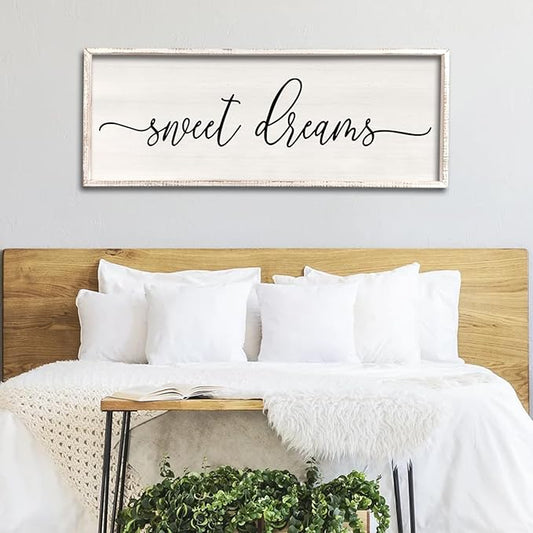 Sweet Dreams Wall Decor Above Bed 40''×15'' Master Bedroom Large Sweet Dreams Sign Farmhouse Wall Decor Guest Room Wood Rustic Framed Over Bed Wall Art Hanging Decoration (White)