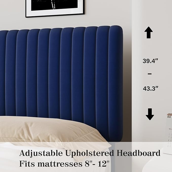 Queen Size Bed Frame with Headboard, Velvet Upholstered Platform Bed with Vertical Channel Tufted Design, No Box Spring Required, Easy Assembly, Blue