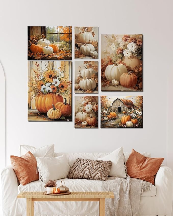 Rustic Autumn Pumpkin Wall Art Decor, Framed Vintage Thanksgiving Decorations, Fall Canvas Wall Art for Home, Kitchen and Living Room, Cozy Fall Decor Picture Print Ready to Hang