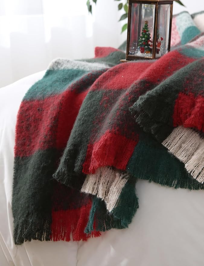 ZonLi Christmas Plaid Throw Blanket, 50" x 60" Decorative Blankets, Decorative Vintage Blanket with Tassel for Couch, Bed, Sofa, Chair, Outdoor, Cozy Warm Lightweight Farmhouse Blankets