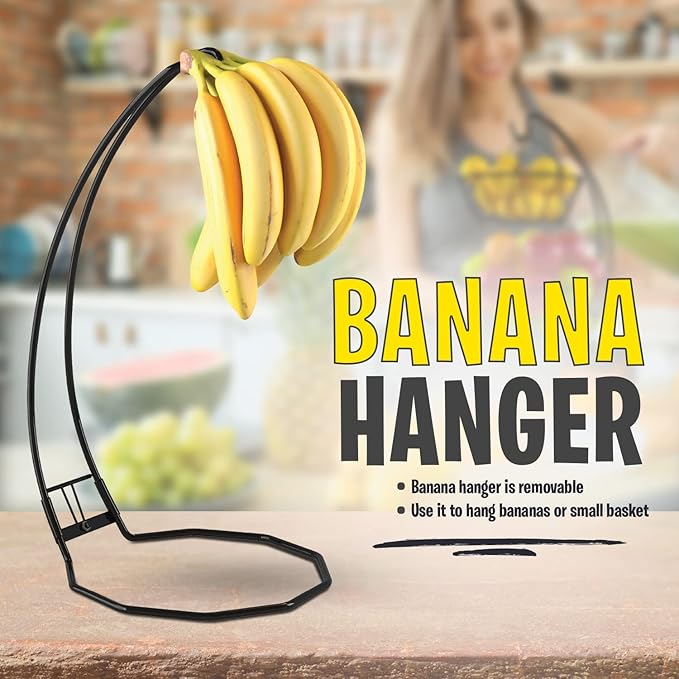 Fruit Basket with Banana Hanger and Fruit Bowl. Kitchen Counter Fruit Bowl with Banana Holder used as Bread, Vegetable or Produce Basket, Egg Holder, 2 Tier