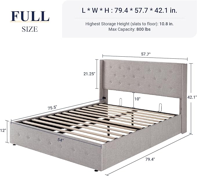 Allewie Full Size Lift Up Storage Bed, Button Tufted Headboard with Wingback, Hydraulic Support, No Box Spring Needed, Light Beige