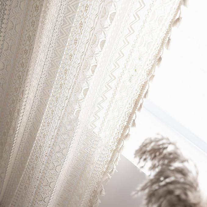 Sutuo Home Boho Lace Curtains for Kitchen Bedroom,Bohemian Crochet Sheer Cotton Tassels Knitted Window Treatment Geometry Country Vintage Rustic Drape Rod Pocket 1 Panel 59" W x 72" L, Beige Wave