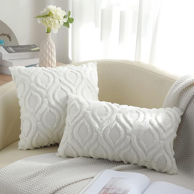 decorUhome Throw Pillow Covers 16x16 Inch Set of 2, Soft Plush Decorative Faux Fur Cream Beige Solid Couch Pillow Covers, Accent Farmhouse Neutral Square Euro Pillow Cases for Sofa Bed Living Room