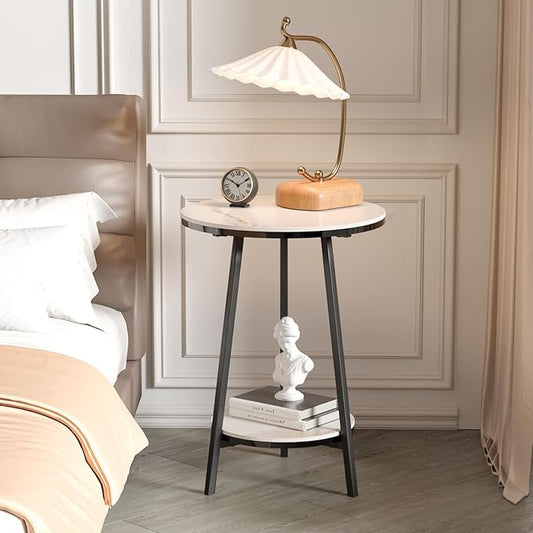 Side Table - Sintered Stone End Couch Table with Metal Frame & Gold Veins for Sofa Living Room Bedroom Bedside Coffee Small Spaces - Waterproof, Scratch-Resistant - Easy Assembly