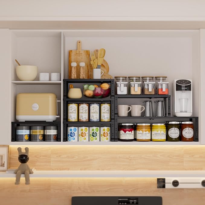 Expandable Spice Rack,Stackable Storage for Cabinet, Multi-Functional Kitchen Shelving,Height-Adjustable,Sustainable Organizer Solution(3Packs/Black/Large)
