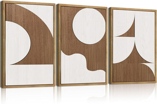 Large Abstract Brown and Beige Wall Art Set Modern Geometric Wood Grain Wall Decor Minimalist Neutral Mid Century Artwork Bohemian Art Decor for Living Room Bedroom Office-16x24Inch x3