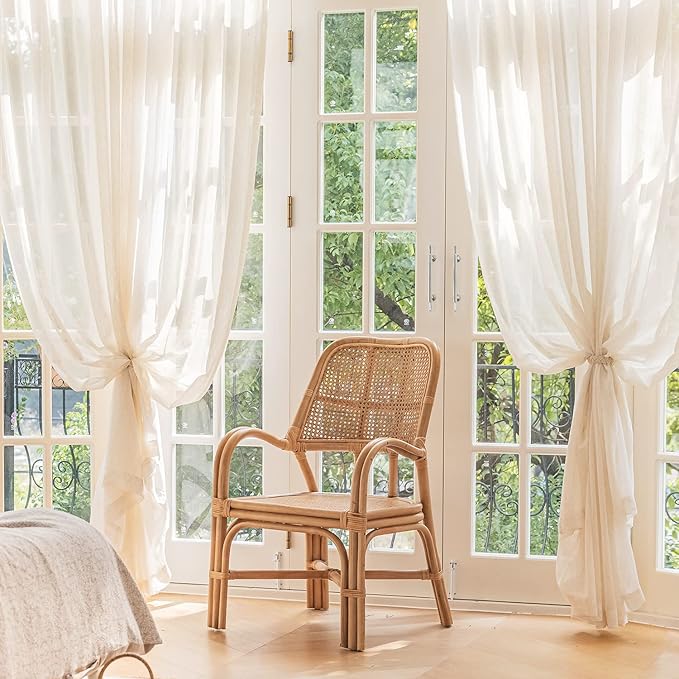 FMFUNCTEX Linen Sheer Pinch Pleated Curtains for Living Room, Linen Flax Beige 108 Inches Long Sheer Curtain See Through Panels for Bedroom, Natural Window Drapes for Farmhouse, Rod Pocket 2 Panels