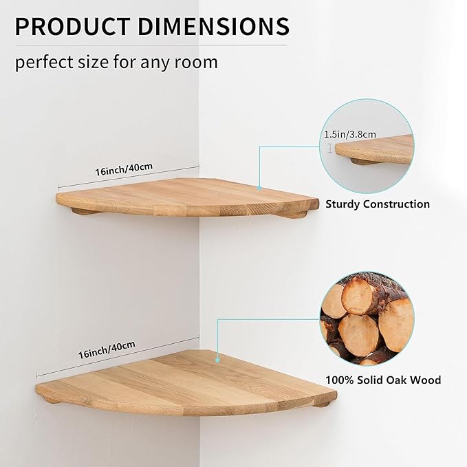 Corner Shelves, Floating Corner Shelf, Set of 2 16inch Solid Oak Wood Wall Shelves, Round End Wall Mount Display Shelf with Wire Hole for Bedroom Kitchen, Living Room
