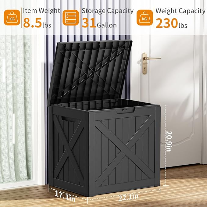 Vixzen 32 Gallon Outdoor Deck Box,Lockable Resin Waterproof Storage Box,UV Resistant,Weather Resistance,Outside Storage Bin for Gardening Tools,Pool Supplies,Black