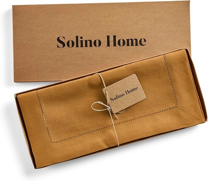 Solino Home Linen Brown Sugar Table Runner 108 Inches Long - 100% Pure Linen 14 x 108 Inch Table Runner for Fall, Autumn, Thanksgiving - Classic Hemstitch