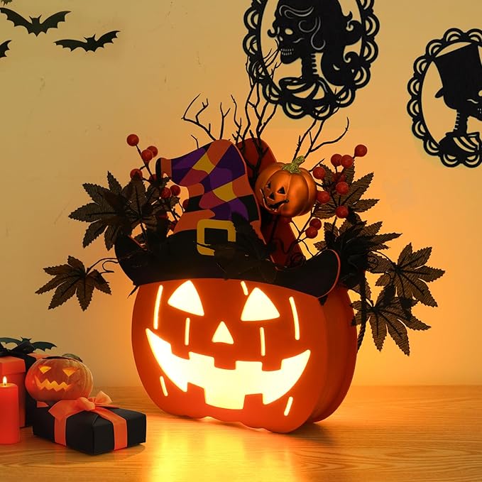 Halloween Pumpkin Decorations, Lighted Jack-O-Lantern with Maple Leaves Berries Witch's Hat, Halloween Wreaths Door Sign Wood Pumpkin for Front Door Indoor Outdoor Yard Party Cartoon Hanger Decor