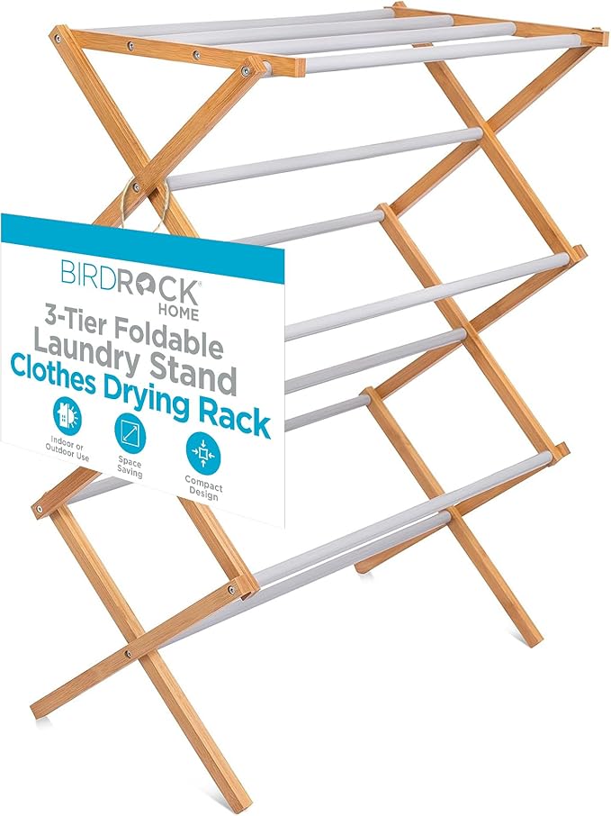 BirdRock Home Wooden Clothes Drying Rack | 3-Tier Foldable Bamboo Laundry Stand | Water-Resistant, Fully Assembled, Collapsible Indoor/Outdoor Dryer for Hanging Clothes | Grey