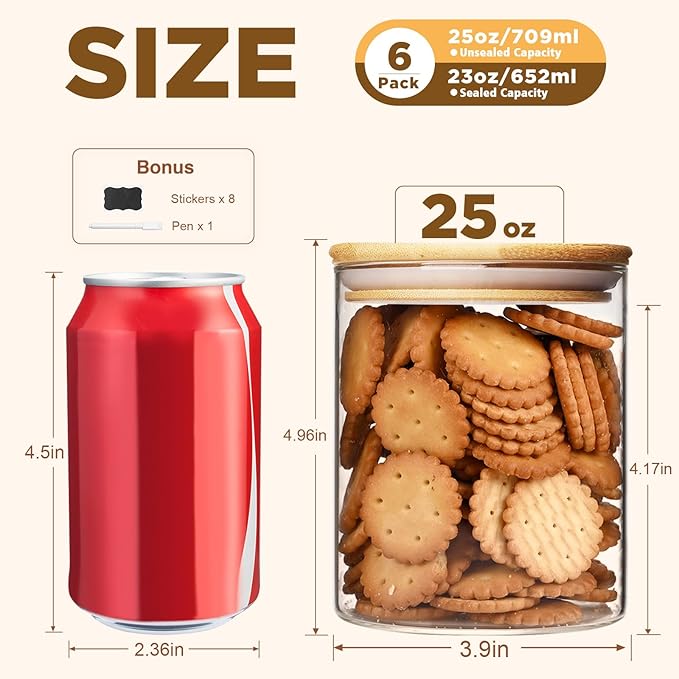 25oz Glass Food Storage Jars, Glass Jars with Bamboo Lids, Kitchen Storage Jars, Set of 6, Canisters with Airtight Lids for Spice, Coffee, Cookie, Pantry Organizers