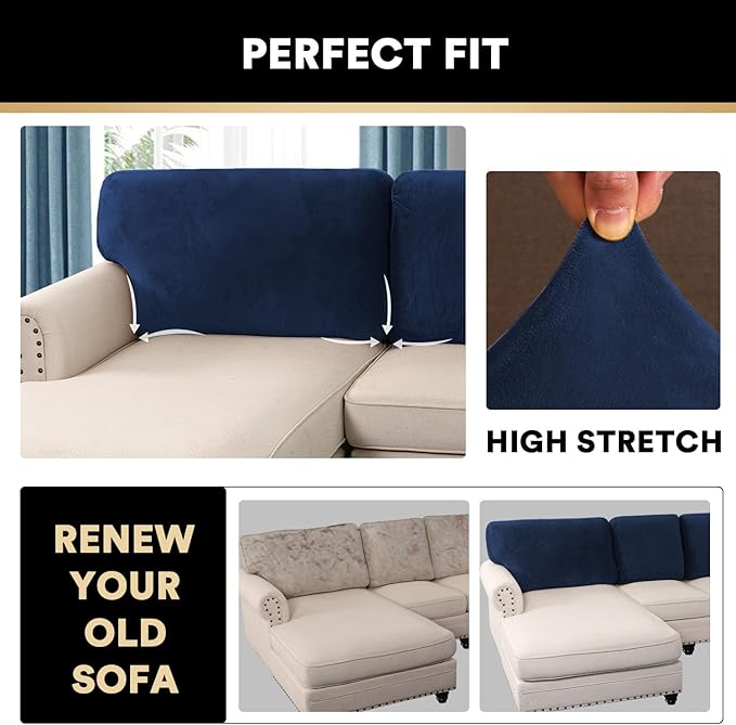 PrinceDeco Sectional Couch Covers Velvet Cushion Covers for Sectional Couch Cushion Covers for Sectional Sofa Separate Sectional Sofa Slipcovers Washable(1 Chaise Back+ 2 Sofa Back,Navy)