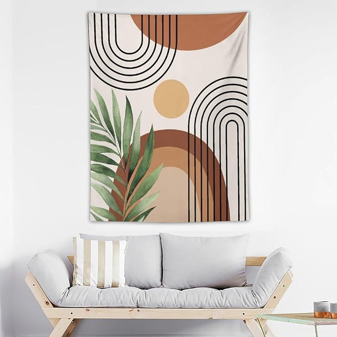 Abstract Bohemian Mid Century Tapestry, Tropical Leaves Modern Geometric Archway Minimalist Bohemian Botanical Aesthetic Wall Hanging, Sage Green Gold Home Decor Art for Bedroom 40x60 Inch