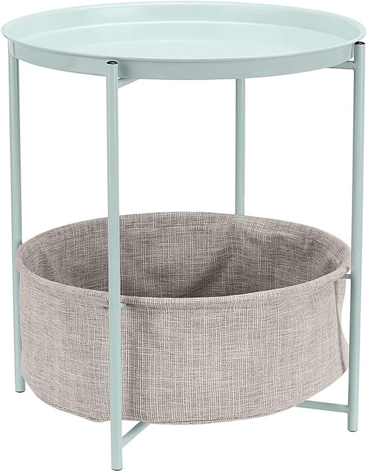 Amazon Basics Round Storage End Table, Side Table with Cloth Basket, Mint Green/Heather Gray, 18 in x 18 in x 19 in