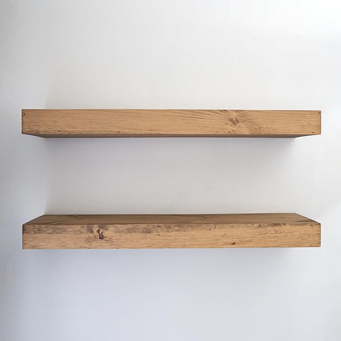 Modern Floating Shelves 3 Inches Thick for Wall, Wide Shelves for Kitchen, Living Room, Bedroom, and Bathroom, Natural Pine Wood, Rustic Wooden Shelf, (Set of 2) (Aged Oak, 36Lx3Hx6D)