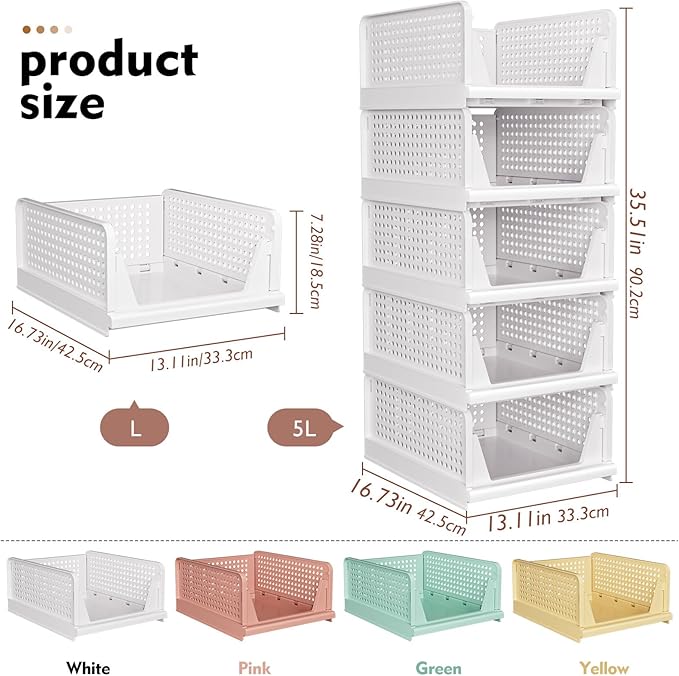 SNSLXH 5 Pack Stackable Closet Organizer Box, Multifunctional & Foldable Closet Storage Basket for Bathroom Kitchen Laundry Room Wardrobe Storage, Space-Saving Clothes Storage Drawer Organizer, Yellow