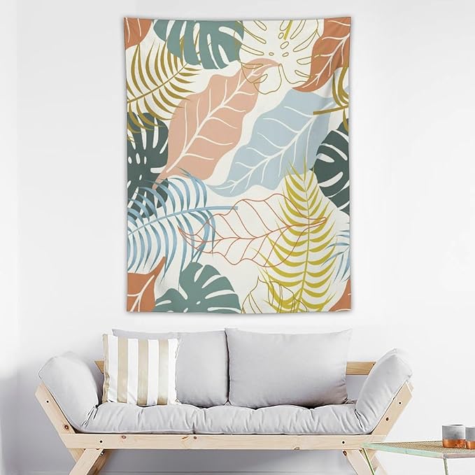 ICMOLYYENLO Boho Green Leaves Tapestry, Mid Century Abstract Tropical Palm Leaves Modern Minimalist Geometric Wall Hanging, Neutral Home Decor Art for Living Room Bedroom Dorm 50x60 Inch