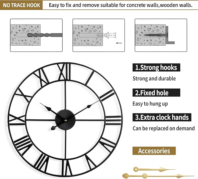 Large Wall Clock for Living Room Decor - 60cm/ 24 Inches Silent Non-Ticking Metal Wall Clocks Battery Operated, Vintage Decorative Modern Wall Clock for Bedroom, Office, Farmhouse Decor