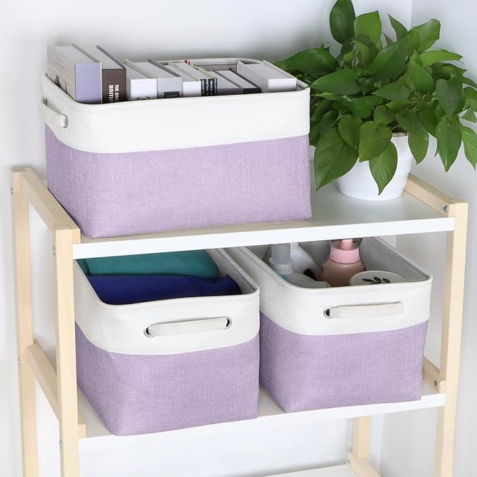 Kntiwiwo Foldable Storage Bins 15" x 10" x 9.5" Fabric Storage Basket Cube with Handles Large Linen Closet Organizer Bins for Organizing Shelf Home, Set of 3, Purple
