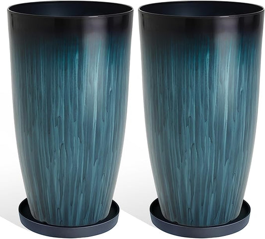 KOL 2-Pack 23.5" Plastic Planters, Gradient Blue Glossy Large Tall Plant Pots, Lightweight Decorative Flower Containers with Drainage Hole & Dual-Purpose Saucer – Indoor & Outdoor Use Front Porch