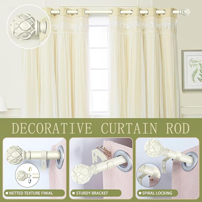 White Farmhouse Curtain Rods for Windows:36-88" Heavy Duty Adjustable Curtain Rod for Bedroom Living Room,Boho Decorative Rustic Drapery Rods with Vintage Coastal Texture Finials,Antique White