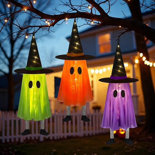 DAZONGE Halloween Decorations Outdoor, 3 Packs Hanging Ghost Halloween Decor with String Lights Battery Operated, Ghost Decor with with Hat for Home Yard Porch