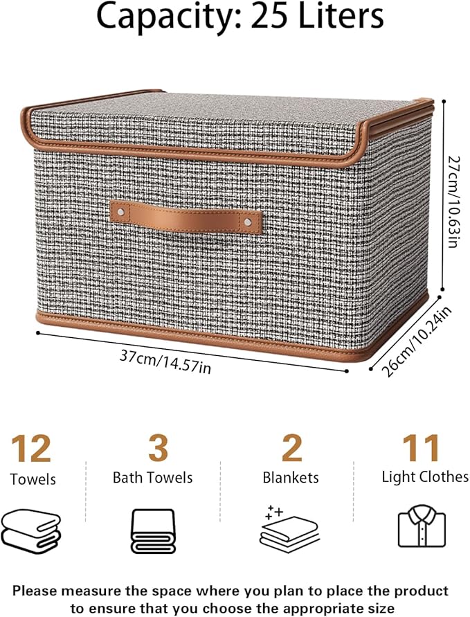 Tuza 4 Pack Storage Bins with Lids, Collapsible Closet Organizer Container, Fabric Organizer Box with Handles, Decorative Storage Boxes with Lids for Organizing Clothes, Blanket, Light Grey, Medium