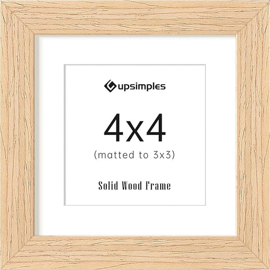 upsimples 4x4 Picture Frame, Natural Solid Wooden Picture Frames, Display 3x3 with Mat or 4 x 4 Without Mat, Wall or Tabletop, 1 Pack, Natural
