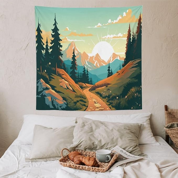 HZOHNAGO Mountain Tapestry Forest Mountain Sunrise Road Pattern Printed Wall Tapestry Wall Hanging for Bedroom Living Room Dorm 60" W x 60" H