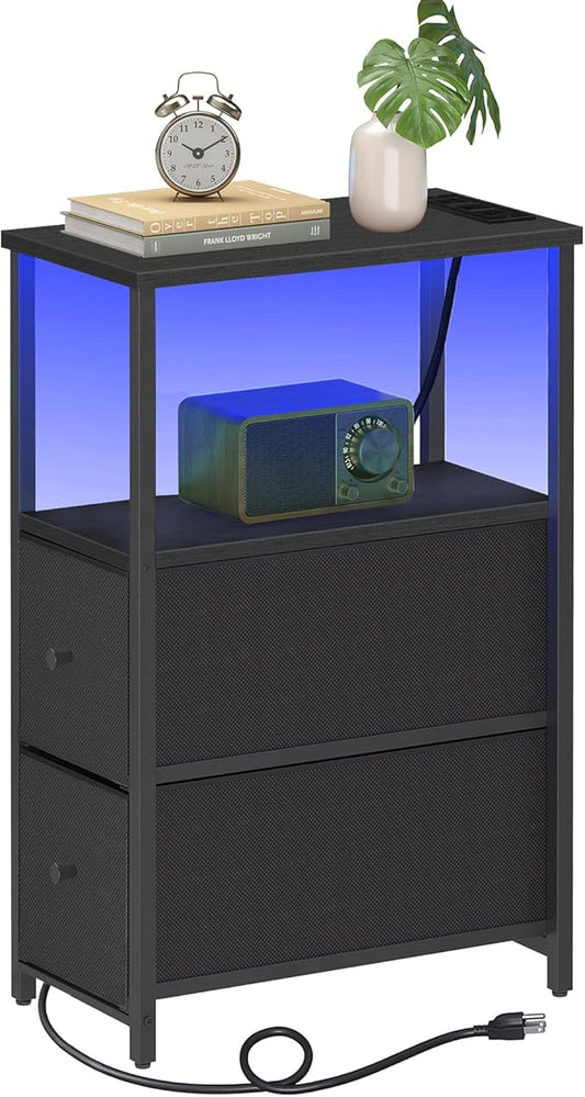 TUTOTAK Small Narrow LED End Table with Charging Station, Side Table Outlets, Nightstand with 2 Cloth Drawers, Couch Table, for Living Room, Bedroom, Bedside, Black TB01BK085L